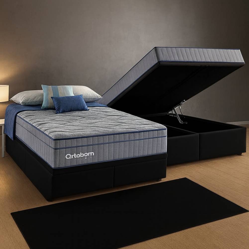 Colchão Ortobom Exclusive Sleep Queen Molas Ensacadas 1,58x1,98x0,32cm c/ Base Box QUEEN Bau Bipartido - 158 - Preto