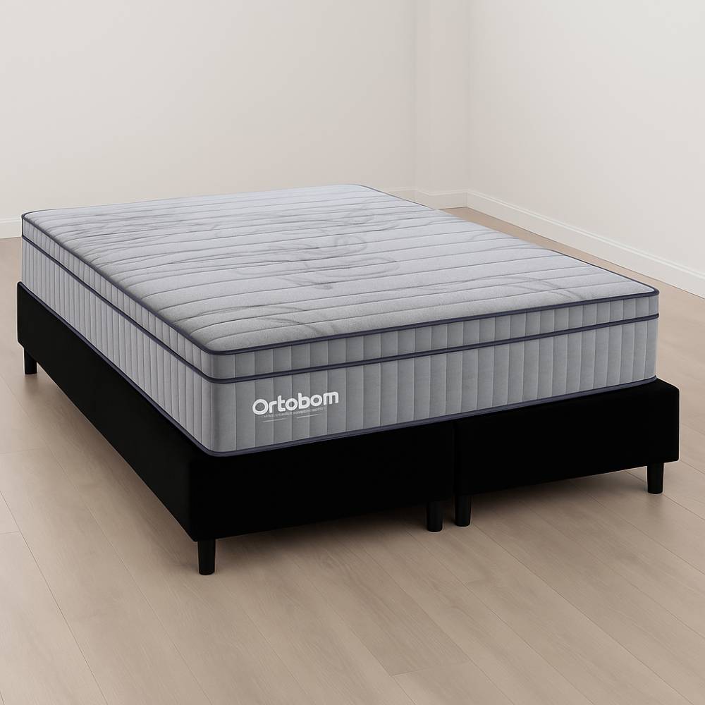 Colchão Ortobom Exclusive Sleep Queen Molas Ensacadas 1,58x1,98x0,32cm c/ Base Box Queen Bipartido 79x198 Courino - Preto