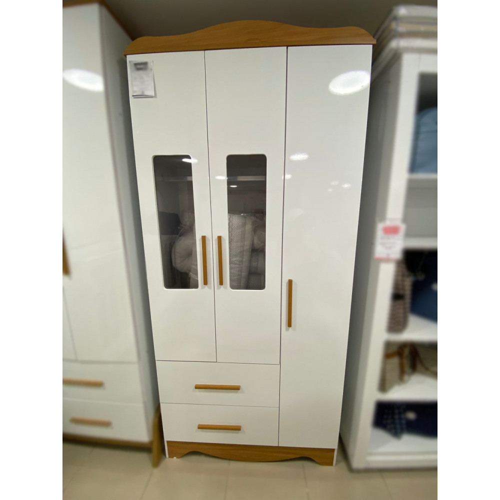 Guarda Roupa Infantil Clara c/ 3 Portas e 2 Gavetas - Móveis Peroba - Branco Brilho / Amêndoa