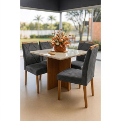 Mesa de Jantar Helo 90x90 c/ 4 Cadeira Arezzo - Veludo Grafite - Freijo/Off White