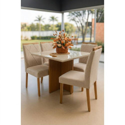 Mesa de Jantar Helo 90x90 c/ 4 Cadeira Arezzo - Linho Bege - Freijo/Off White
