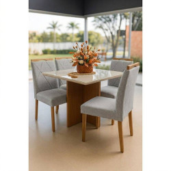Mesa de Jantar Helo 90x90 c/ 4 Cadeira Arezzo - Linho Cinza - Freijo/Off White