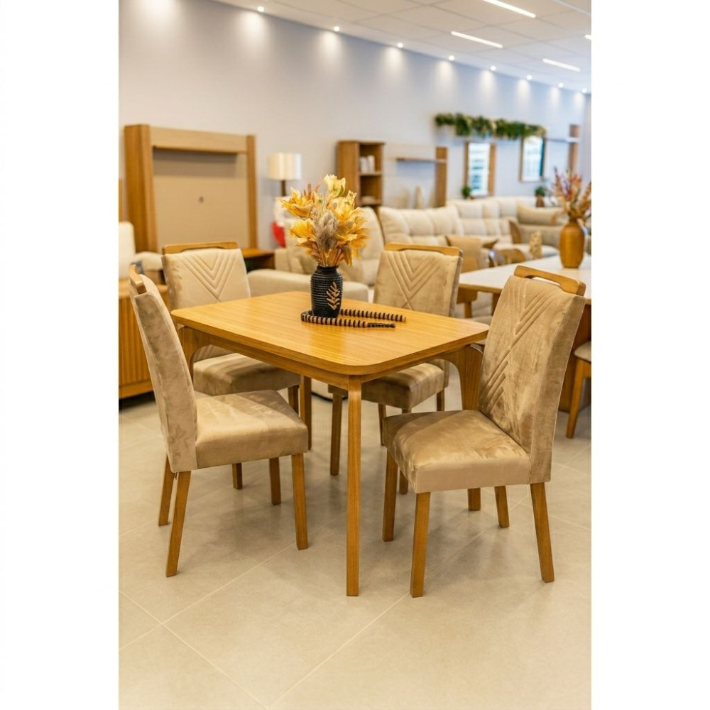 Mesa de Jantar Londrina 120x80cm Tampo Laminado com 4 cadeiras Amsterdã - Veludo Bege