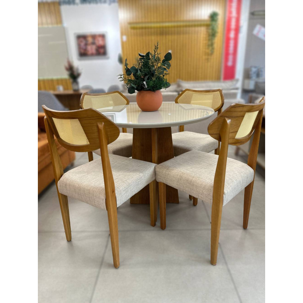 Mesa de Jantar Daila Tampo c/ Vidro 90x90 c/4 Cadeira Itaipava - Linho Bege