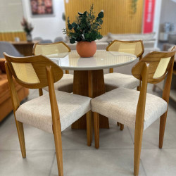 Mesa de Jantar Daila Tampo c/ Vidro 90x90 c/4 Cadeira Itaipava - Linho Bege