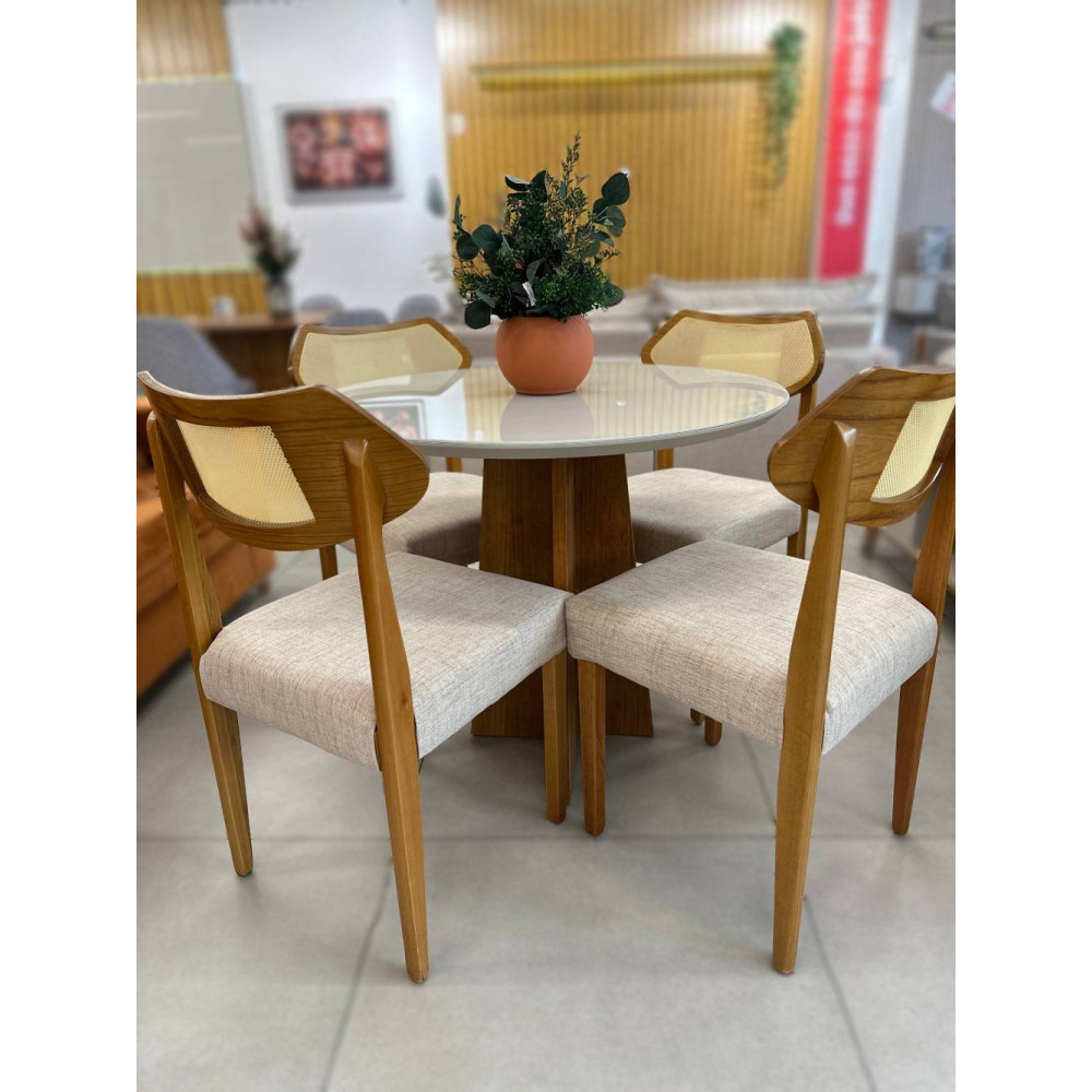 Mesa de Jantar Daila Tampo c/ Vidro 90x90 c/4 Cadeira Itaipava - Linho Bege