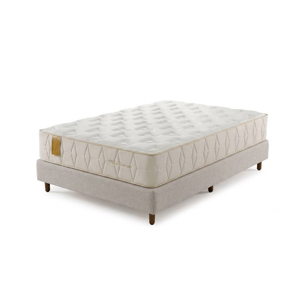 Base Box Casal Zoe 138x188x33 - Linho Milano + Colchão Oslo Casal com Molas Ensacadas 35x188x138cm