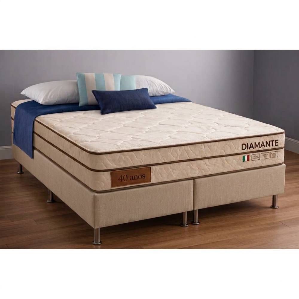 Base Box Queen Bipartido 79x198 Courino - Bege + Colchão Diamante c/ Molas Ensacadas Queen 1,58 X 1,98 X 0,25
