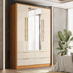 Guarda Roupa Casal Domo c/ Espelho 4 Portas c/ 4 Gavetas - Cinamomo/Off White