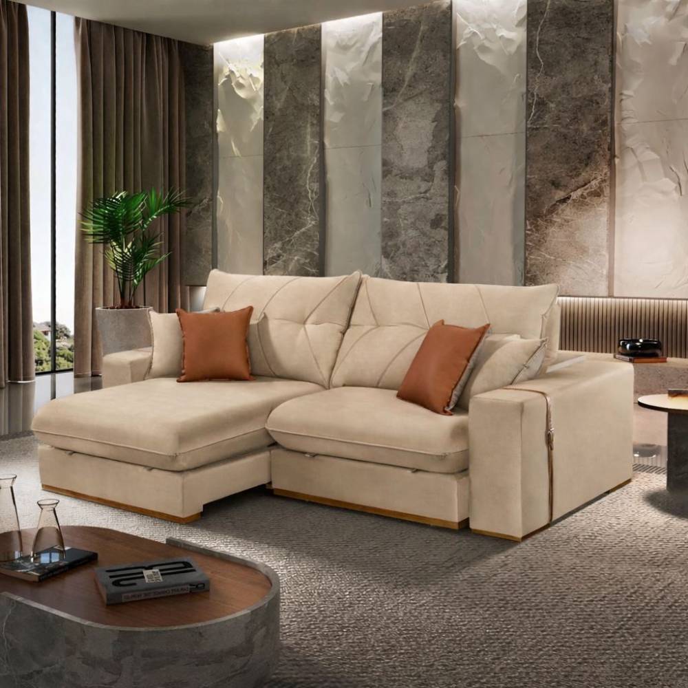 Sofá Pacco Rabanne Retrátil e Reclinável 2,50m - Veludo Bege 