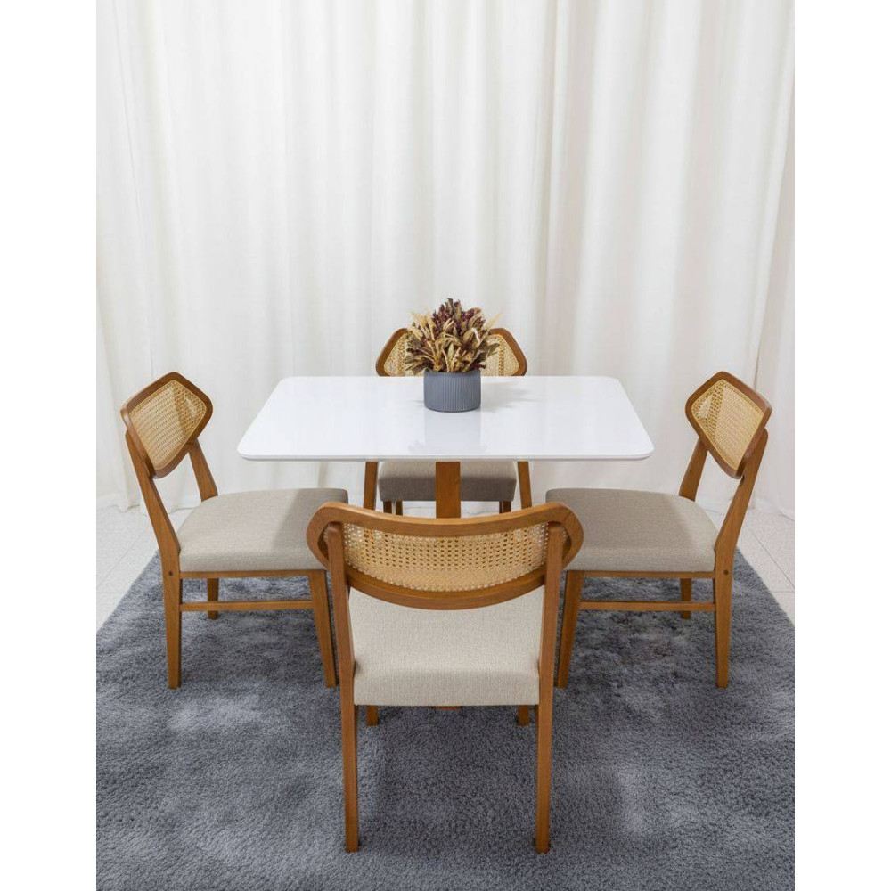 Mesa de Jantar Pedro 90x90 c/ 4 Cadeiras Itaipava Linho Bege - Mel / Off White