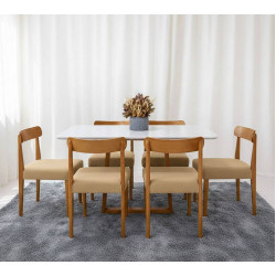 Mesa de Jantar Pedro 160x80 c/ 6 Cadeiras Maragogi Linho Bege - Mel / Off White