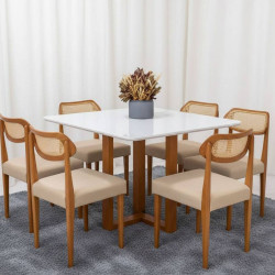 Mesa de Jantar Pedro 160x80 c/ 6 Cadeiras Itaipava Linho Bege - Mel / Off White