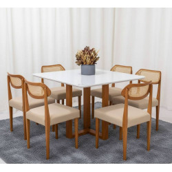 Mesa de Jantar Pedro 160x80 c/ 6 Cadeiras Itaipava Linho Bege - Mel / Off White