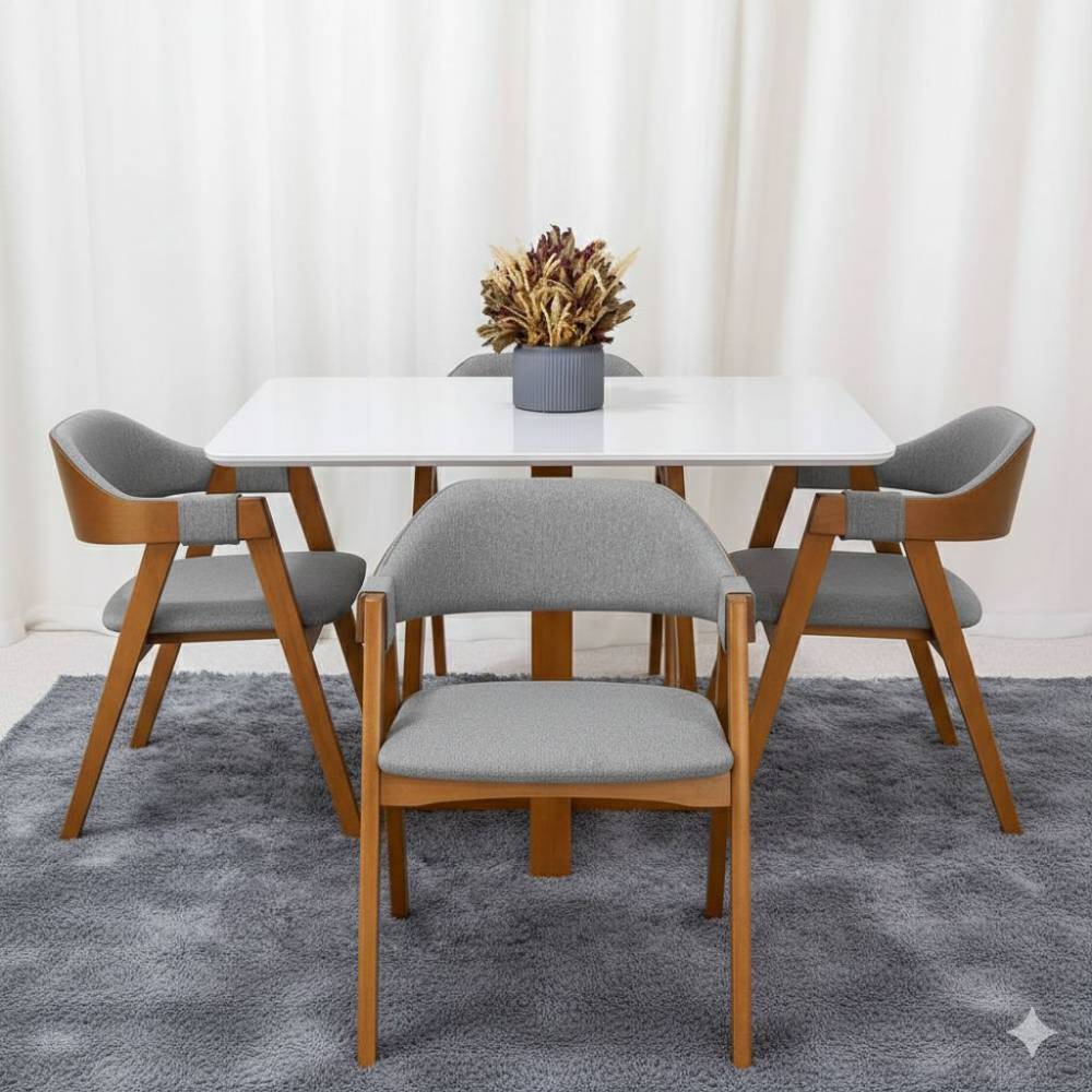 Mesa de Jantar Pedro 120x80 c/ 4 Cadeiras Costa Rica Linho Cinza - Mel / Off White