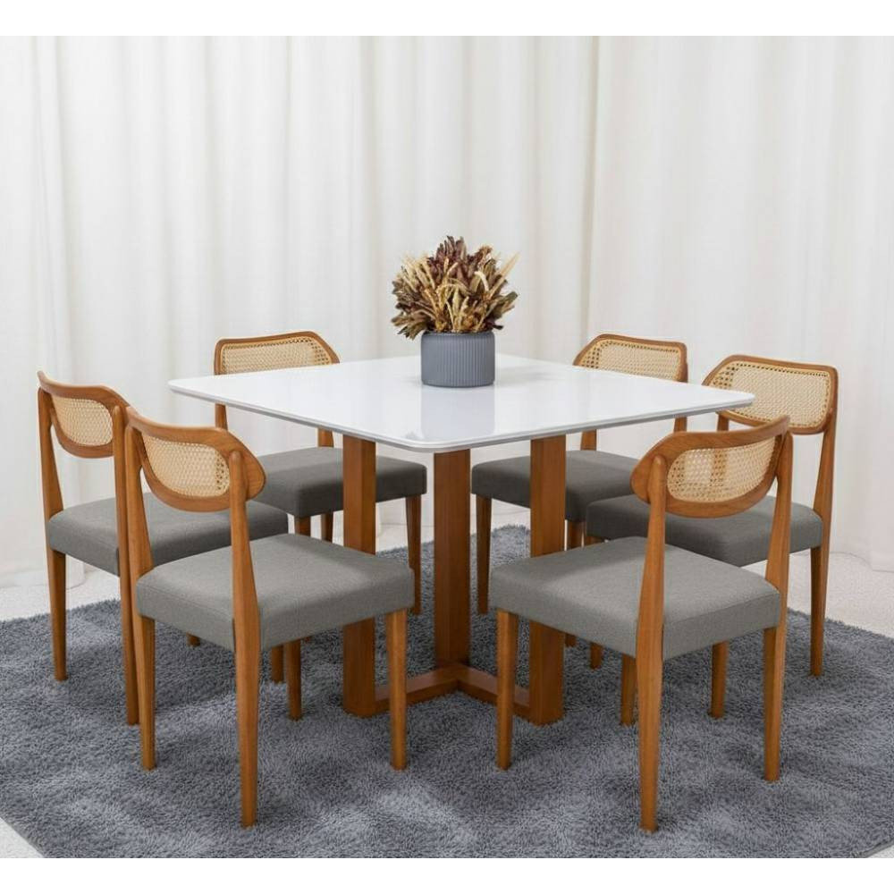 Mesa de Jantar Pedro 160x80 c/ 6 Cadeiras Itaipava Linho Cinza - Mel / Off White