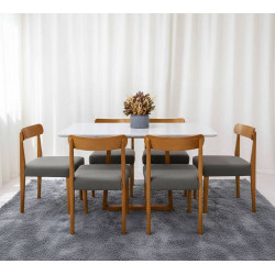 Mesa de Jantar Pedro 160x80 c/ 6 Cadeiras Maragogi Linho Cinza - Mel / Off White