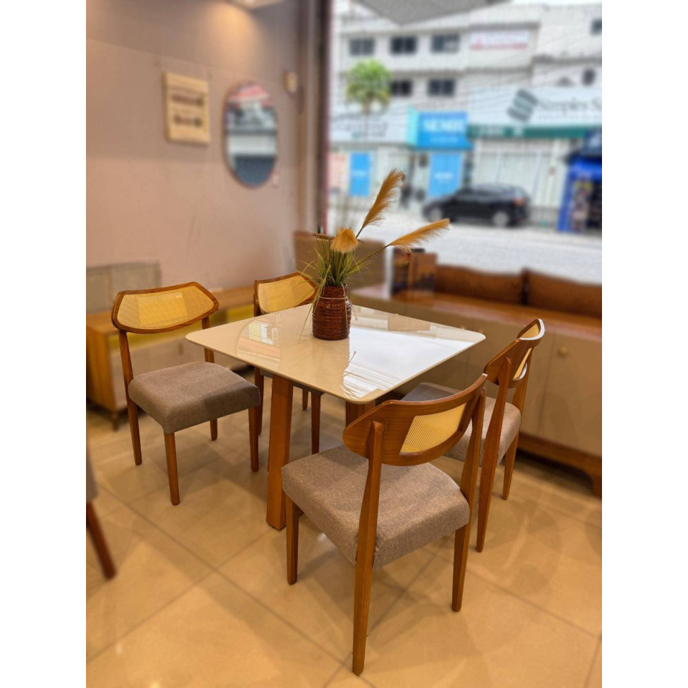 Mesa de Jantar Pedro 90x90 c/ 4 Cadeiras Itaipava Linho Cinza - Mel / Off White