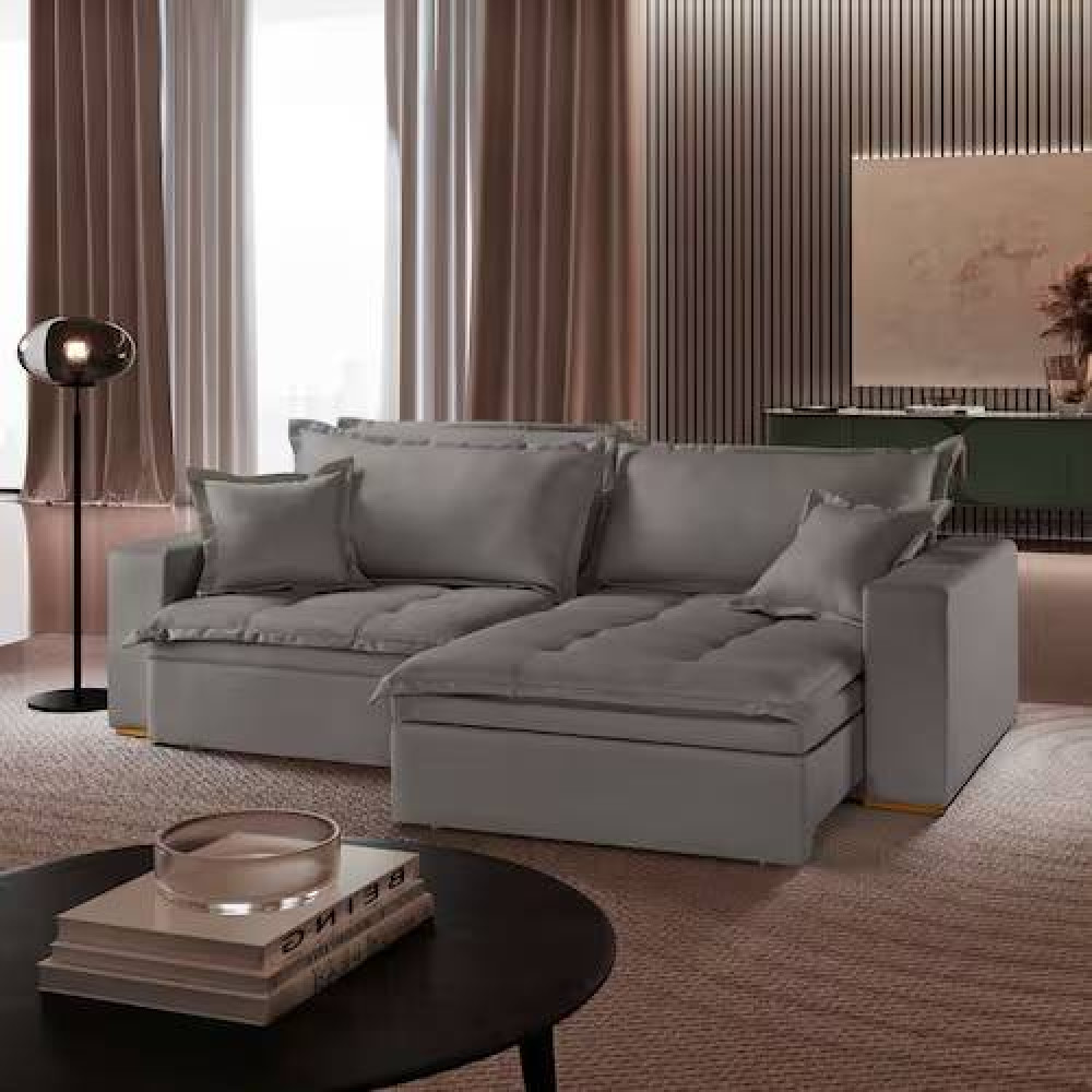 Sofá Retrátil e Reclinável C/ Baú Merli 2,31m - Linho Cinza