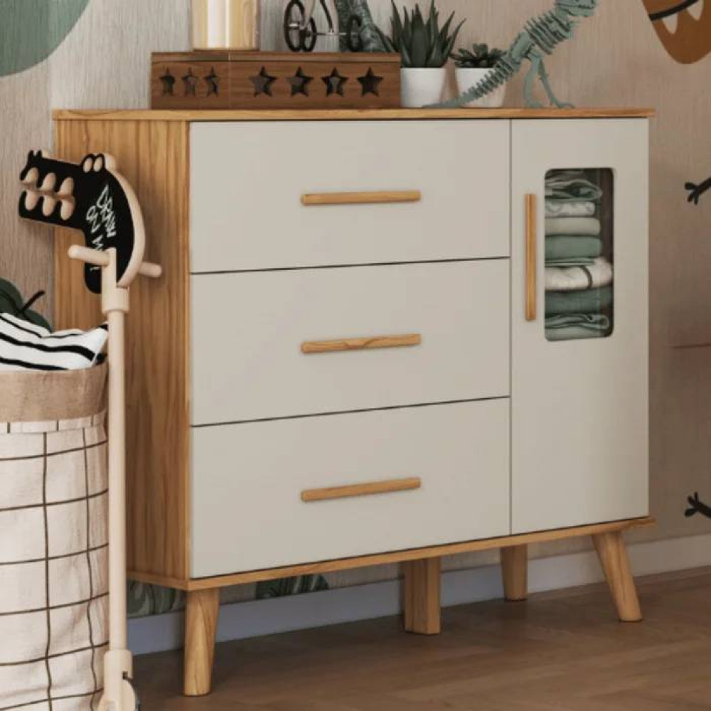 Cômoda Sky  c/ 1 Porta e 3 Gavetas - Móveis Peroba - Branco Brilho / Amêndoa