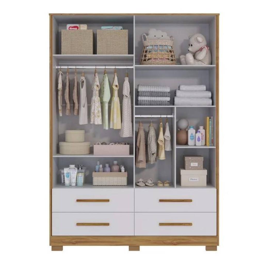 Guarda Roupa Infantil Charlo c/ 4 Portas e 4 Gavetas - Móveis Peroba - Amêndoa/Branco Brilho