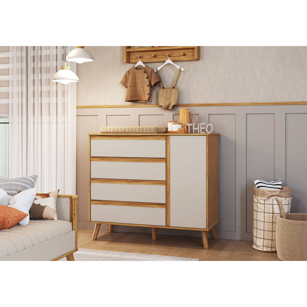 Cômoda Théo c/ 1 Porta e 4 Gavetas - Móveis Peroba - Branco Brilho / Amêndoa