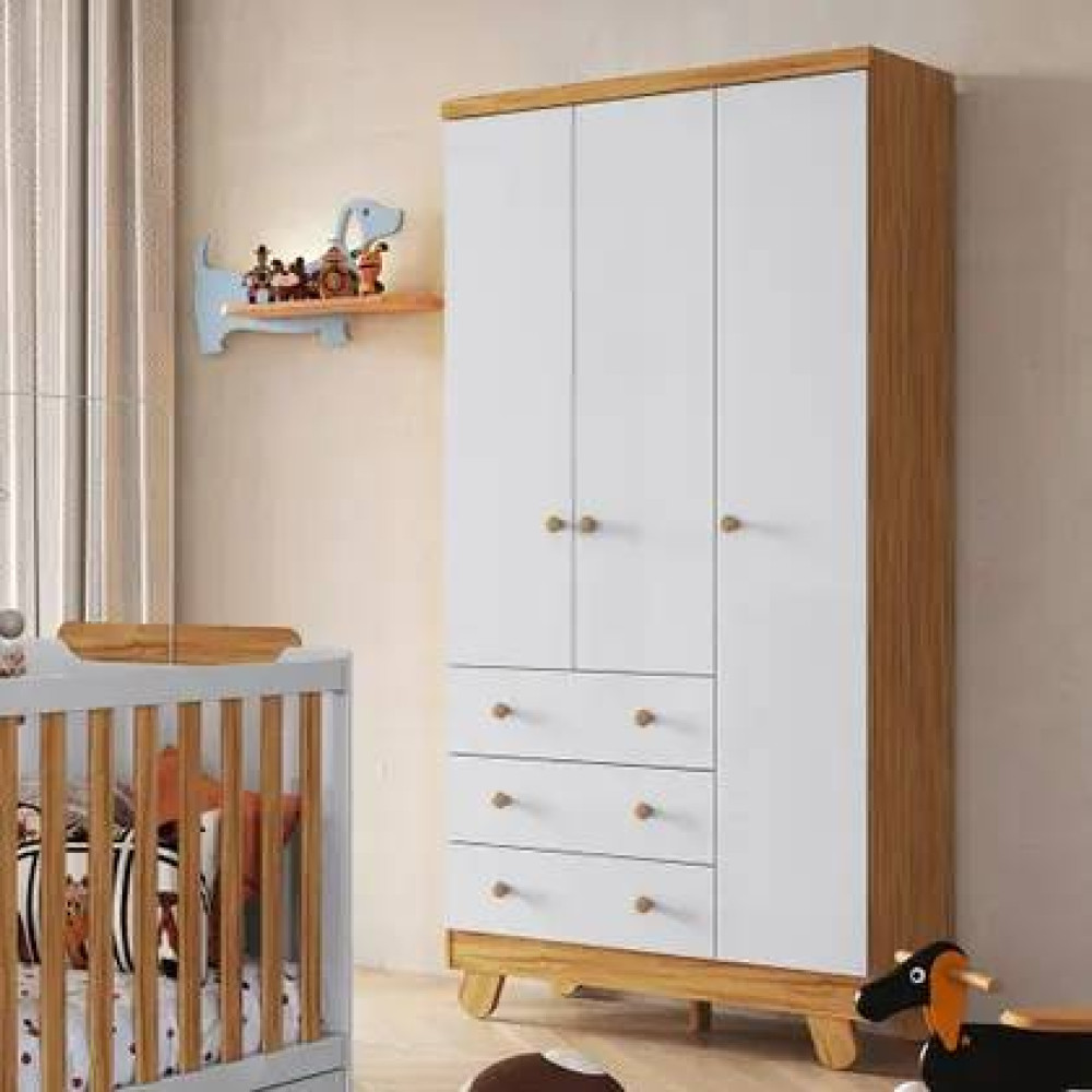 Guarda Roupa Infantil Pingo c/ 3 Portas e 3 Gavetas - Móveis Peroba - Branco Brilho / Amêndoa