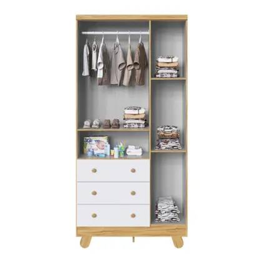 Guarda Roupa Infantil Pingo c/ 3 Portas e 3 Gavetas - Móveis Peroba - Branco Brilho / Amêndoa