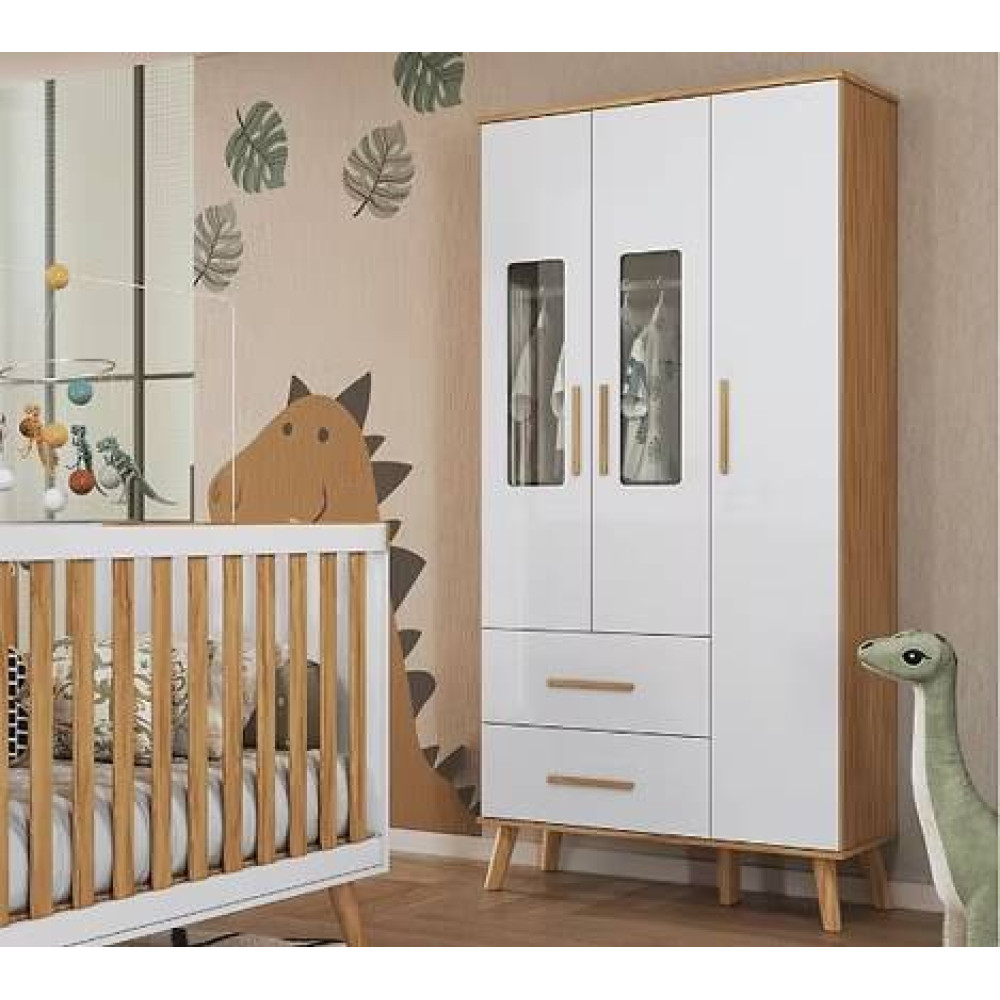 Guarda Roupa Infantil Sky c/ 3 Portas e 2 Gavetas - Móveis Peroba - Branco Brilho / Amêndoa