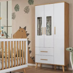 Guarda Roupa Infantil Sky c/ 3 Portas e 2 Gavetas - Móveis Peroba - Branco Brilho / Amêndoa