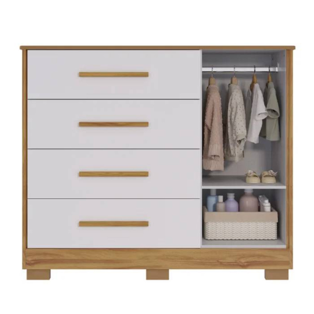 Cômoda Charlo c/ 1 Porta e 4 Gavetas - Móveis Peroba - Branco Brilho / Amêndoa