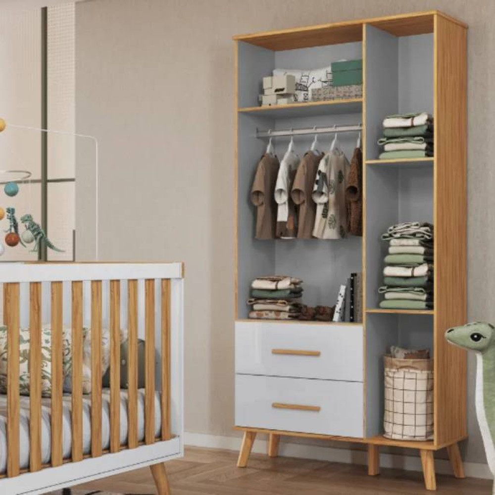 Guarda Roupa Infantil Sky c/ 3 Portas e 2 Gavetas - Móveis Peroba - Branco Brilho / Amêndoa