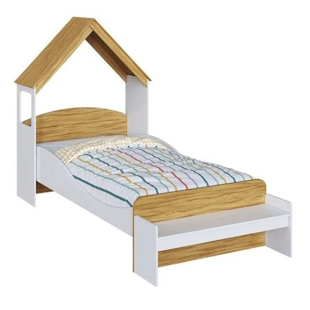 Cama Infantil Lua + Escrivaninha Infantil Casinha - Móveis Peroba - Branco Brilho / Amêndoa