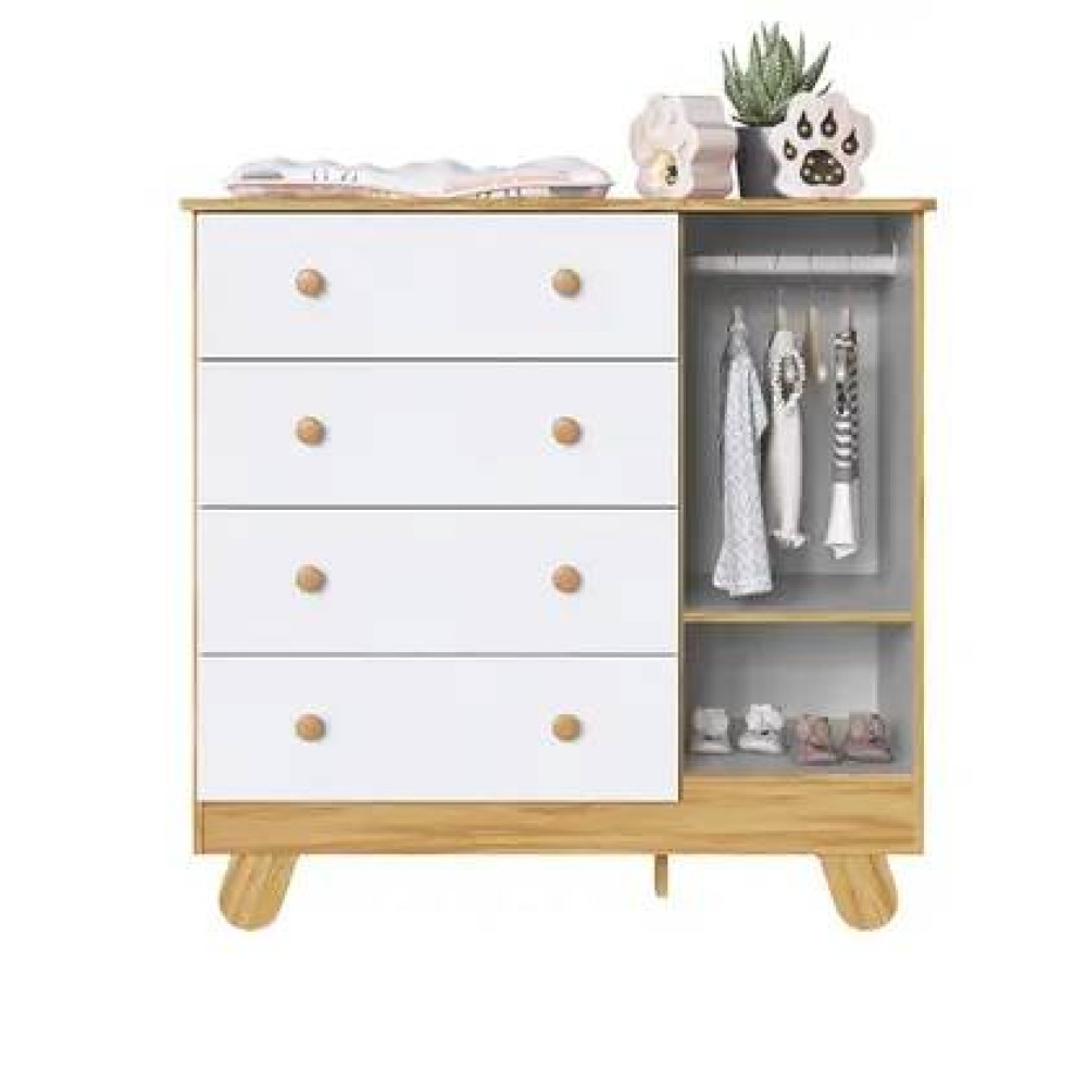 Cômoda Pingo c/ 1 Porta e 4 Gavetas - Móveis Peroba - Branco Brilho / Amêndoa