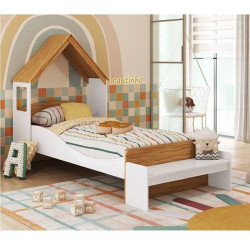 Cama Infantil Lua + Escrivaninha Infantil Casinha - Móveis Peroba - Branco Brilho / Amêndoa