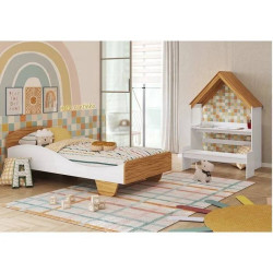 Cama Infantil Sol + Escrivaninha Infantil Casinha - Móveis Peroba - Branco Brilho / Amêndoa