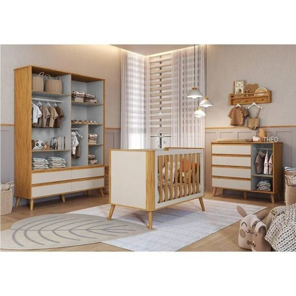 KIT - Guarda Roupa Infantil Théo c/ 4 Portas e 4 Gavetas  + Cômoda Théo c/ 1 Porta e 4 Gavetas + Berço Multifuncional Théo - Móveis Peroba - Branco Brilho / Amêndoa