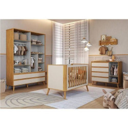 KIT - Guarda Roupa Infantil Théo c/ 4 Portas e 4 Gavetas  + Cômoda Théo c/ 1 Porta e 4 Gavetas + Berço Multifuncional Théo - Móveis Peroba - Branco Brilho / Amêndoa