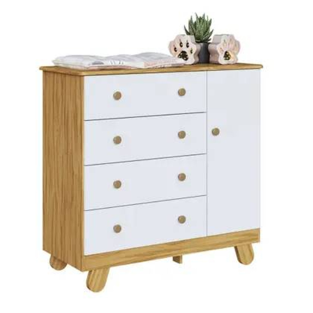 Cômoda Pingo c/ 1 Porta e 4 Gavetas - Móveis Peroba - Branco Brilho / Amêndoa