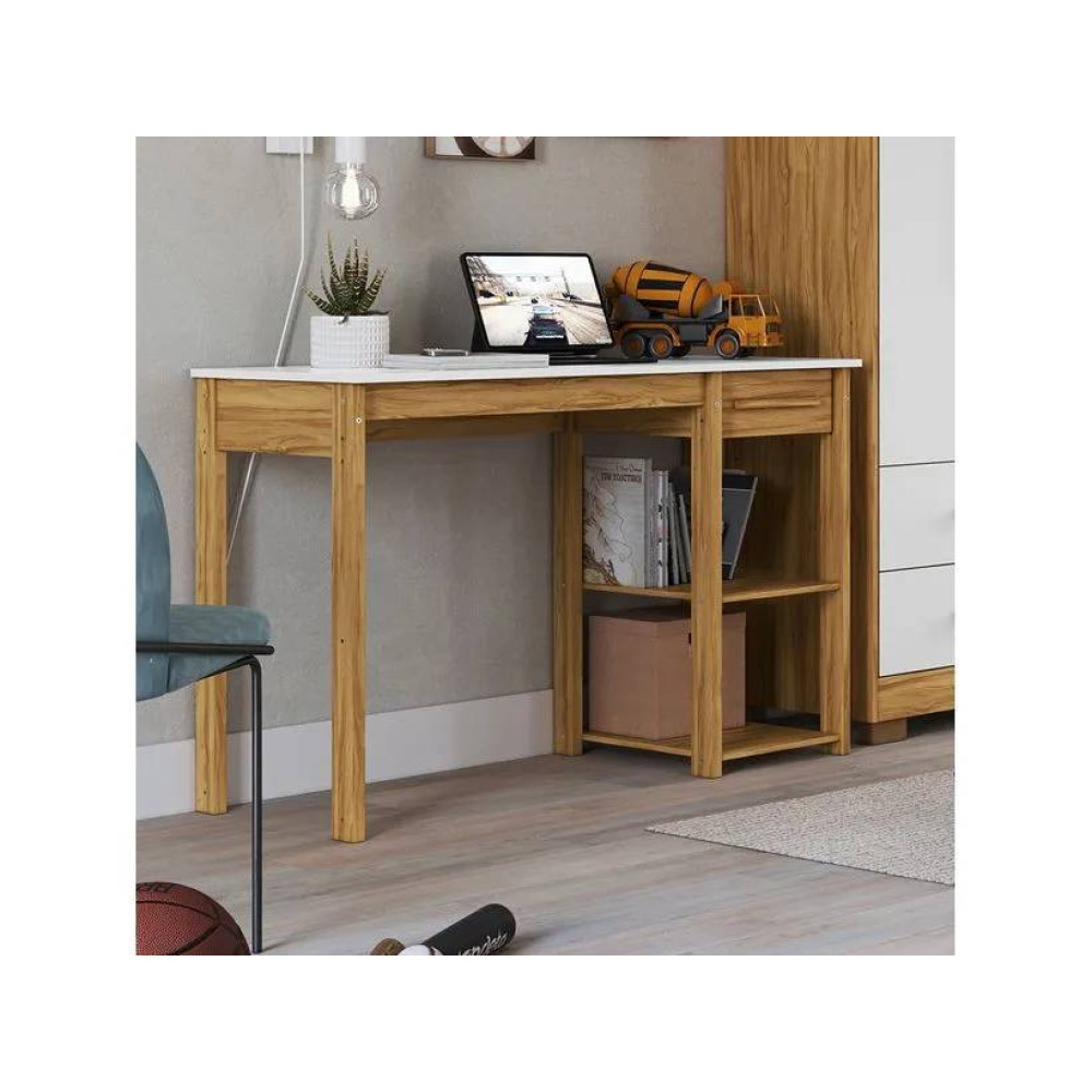 Escrivaninha Mesa de Estudo c/ 1 Gaveta - Móveis Peroba - Branco Brilho / Amêndoa