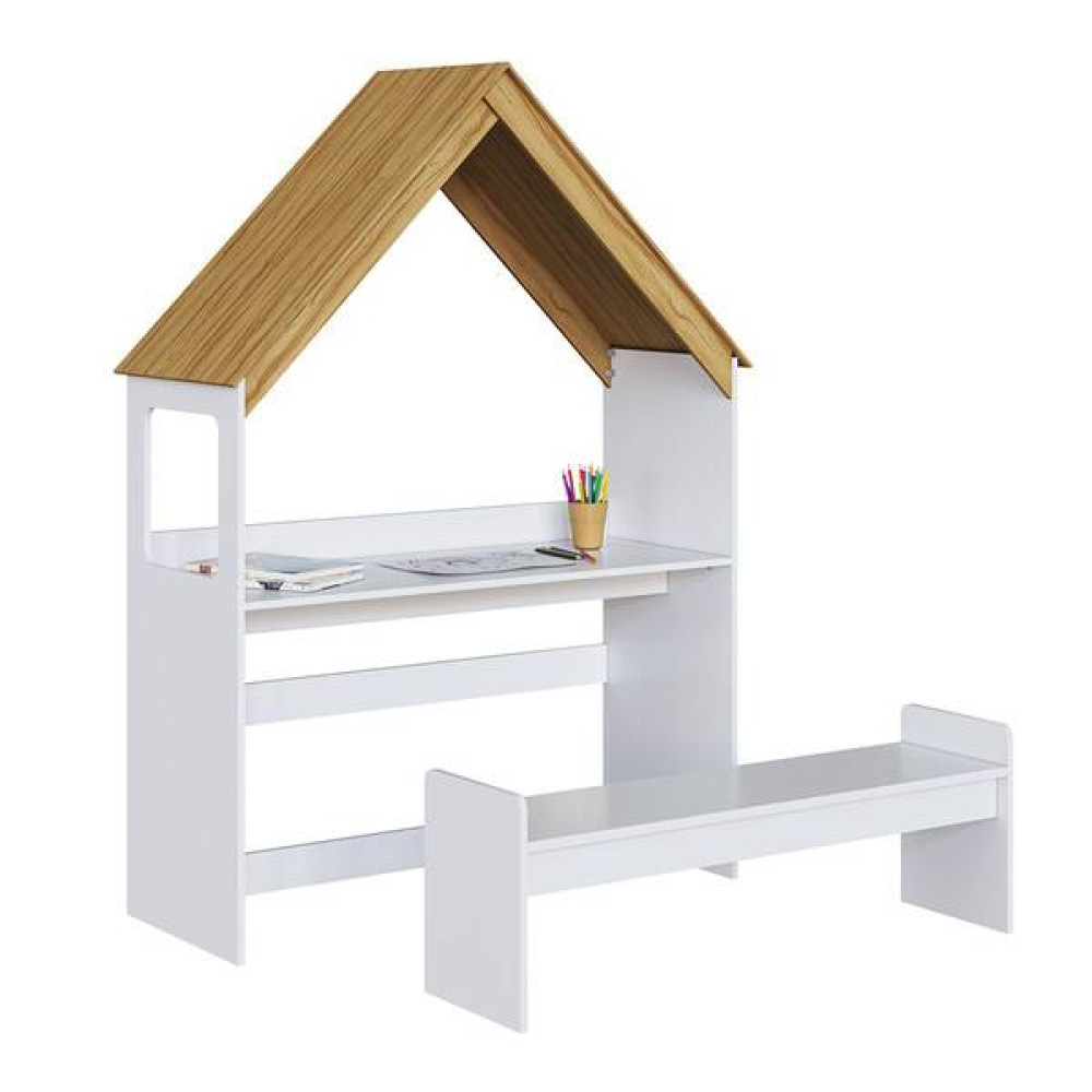 Escrivaninha Infantil Casinha - Móveis Peroba - Branco Brilho / Amêndoa