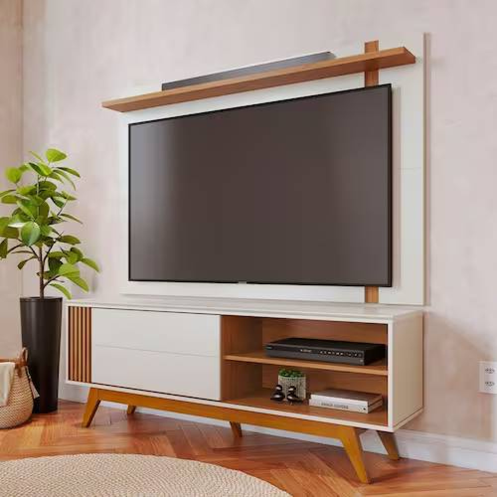Rack Bancada Otawa c/ Painel Leme para Tvs até 65" - Off White Matte 