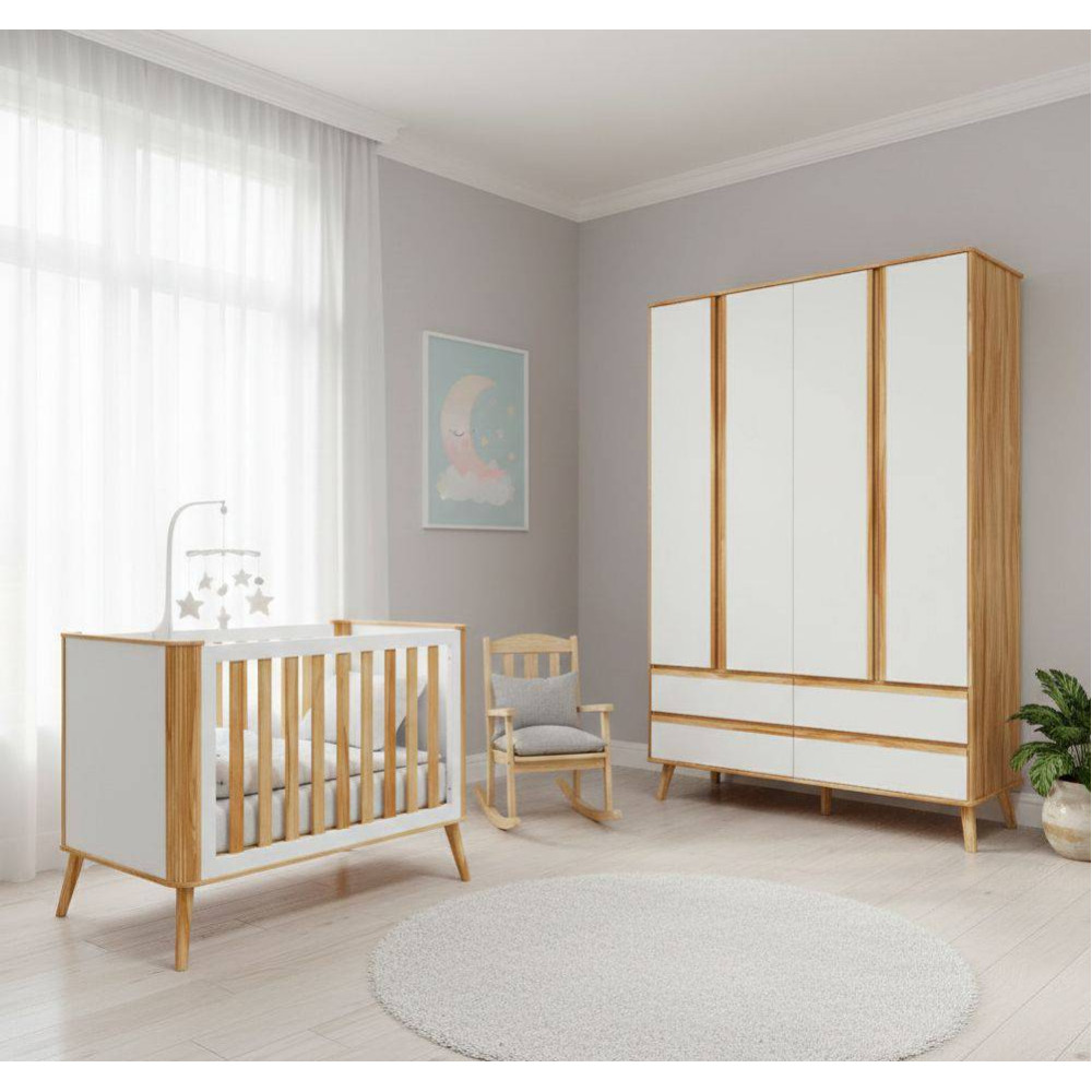 Guarda Roupa Infantil Théo c/ 4 Portas e 4 Gavetas + Berço Multifuncional Théo - Móveis Peroba - Branco Brilho / Amêndoa