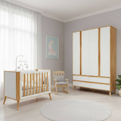 Guarda Roupa Infantil Théo c/ 4 Portas e 4 Gavetas + Berço Multifuncional Théo - Móveis Peroba - Branco Brilho / Amêndoa