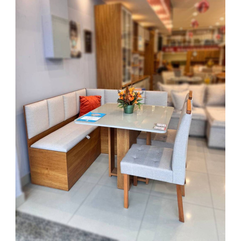 Conjunto Canto Romano com Baú + Mesa de Jantar Anjos Tampo c/ Vidro 90x90 c/ 2 Cadeiras Julia - Linho Bege