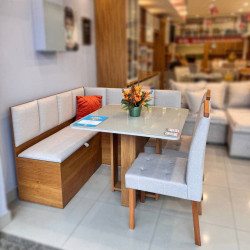 Conjunto Canto Romano com Baú + Mesa de Jantar Anjos Tampo c/ Vidro 90x90 c/ 2 Cadeiras Julia - Linho Bege