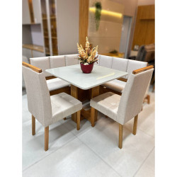Conjunto Canto Romano com Baú + Mesa de Jantar Anjos Tampo c/ Vidro 90x90 c/ 2 Cadeiras Julia - Linho Bege