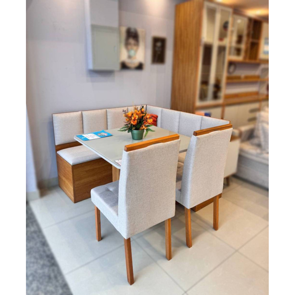 Conjunto Canto Romano com Baú + Mesa de Jantar Anjos Tampo c/ Vidro 90x90 c/ 2 Cadeiras Julia - Linho Bege
