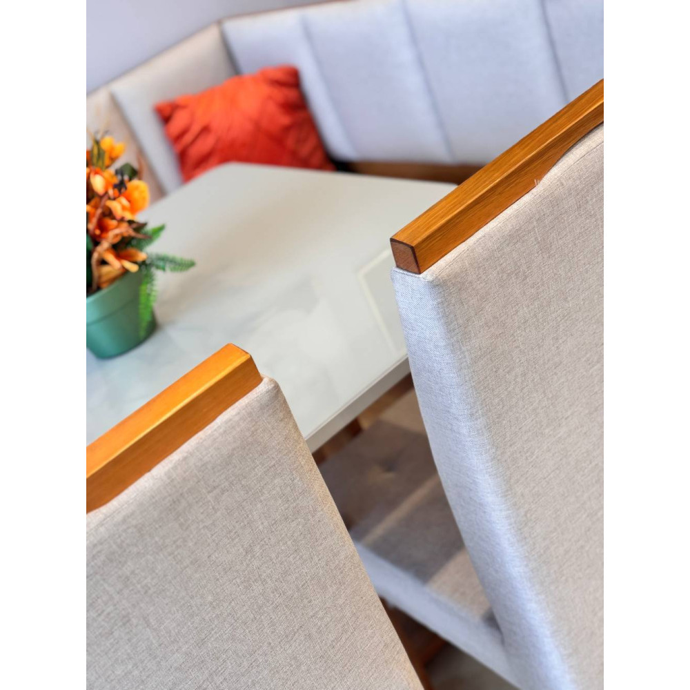 Conjunto Canto Romano com Baú + Mesa de Jantar Anjos Tampo c/ Vidro 90x90 c/ 2 Cadeiras Julia - Linho Bege
