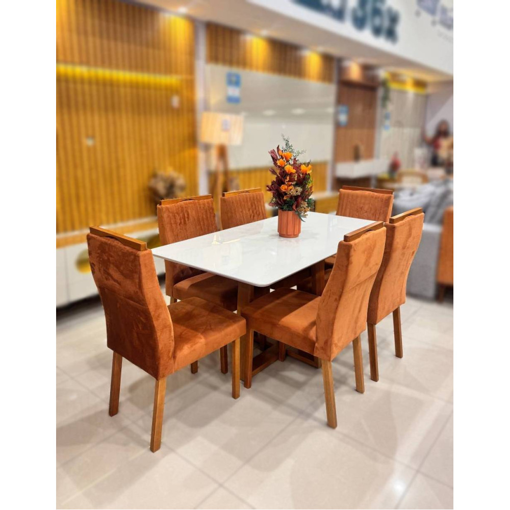 Mesa de Jantar Pedro 160x80 c/ 6 Cadeiras Genova Terracota - Mel / Off White